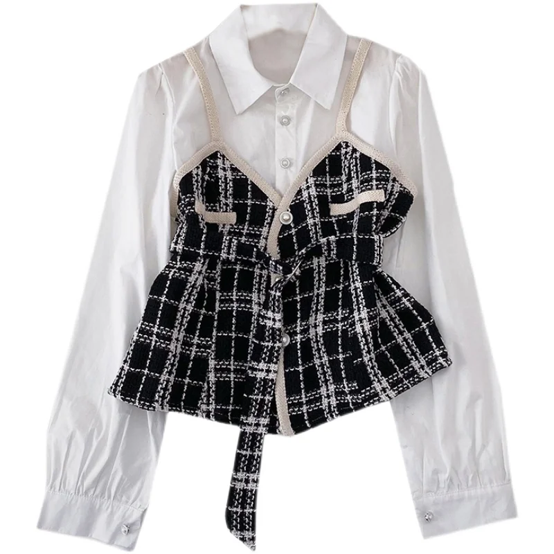 

2022 Autumn Shirt Women's Korean Version Plaid Suspenders Fake Two-piece Stitching Long-sleeved Top
