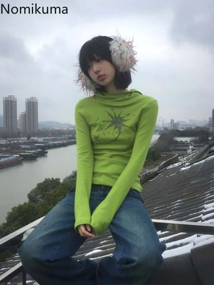 Женская одежда 2024 футболки с капюшоном и принтом женская Y2k шикарные облегающие