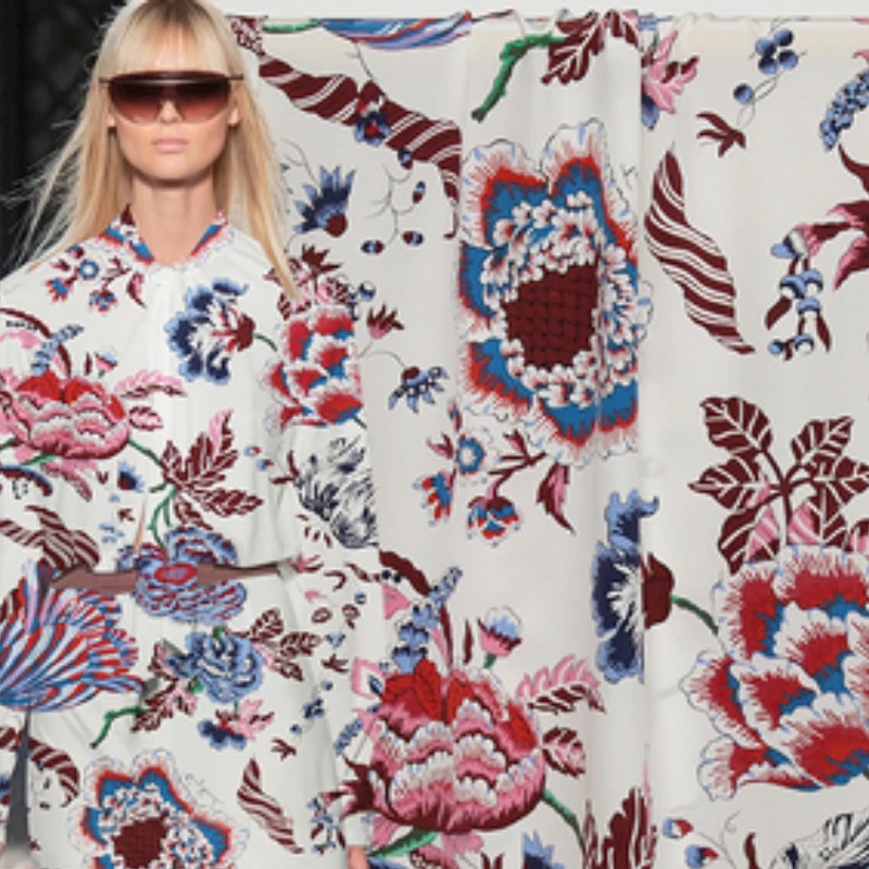 

Silk American Original Single Quality Fabric White Flower Print Crepe De Chine Women's for Dress Clothing Cloth by the Yard