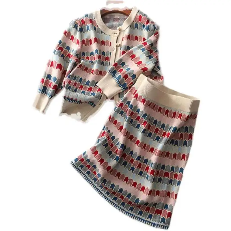 Осенне-зимний женский вязаный костюм пуловер свитер и Юбка До Колена с высокой