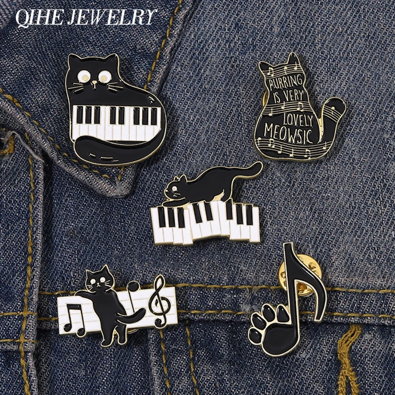

Musical Black Cat Music Enamel Pin Lovely Purring Kitten Brooch Animal Notes Badge Hat Bag Accessories Instrument Jewelry Gift