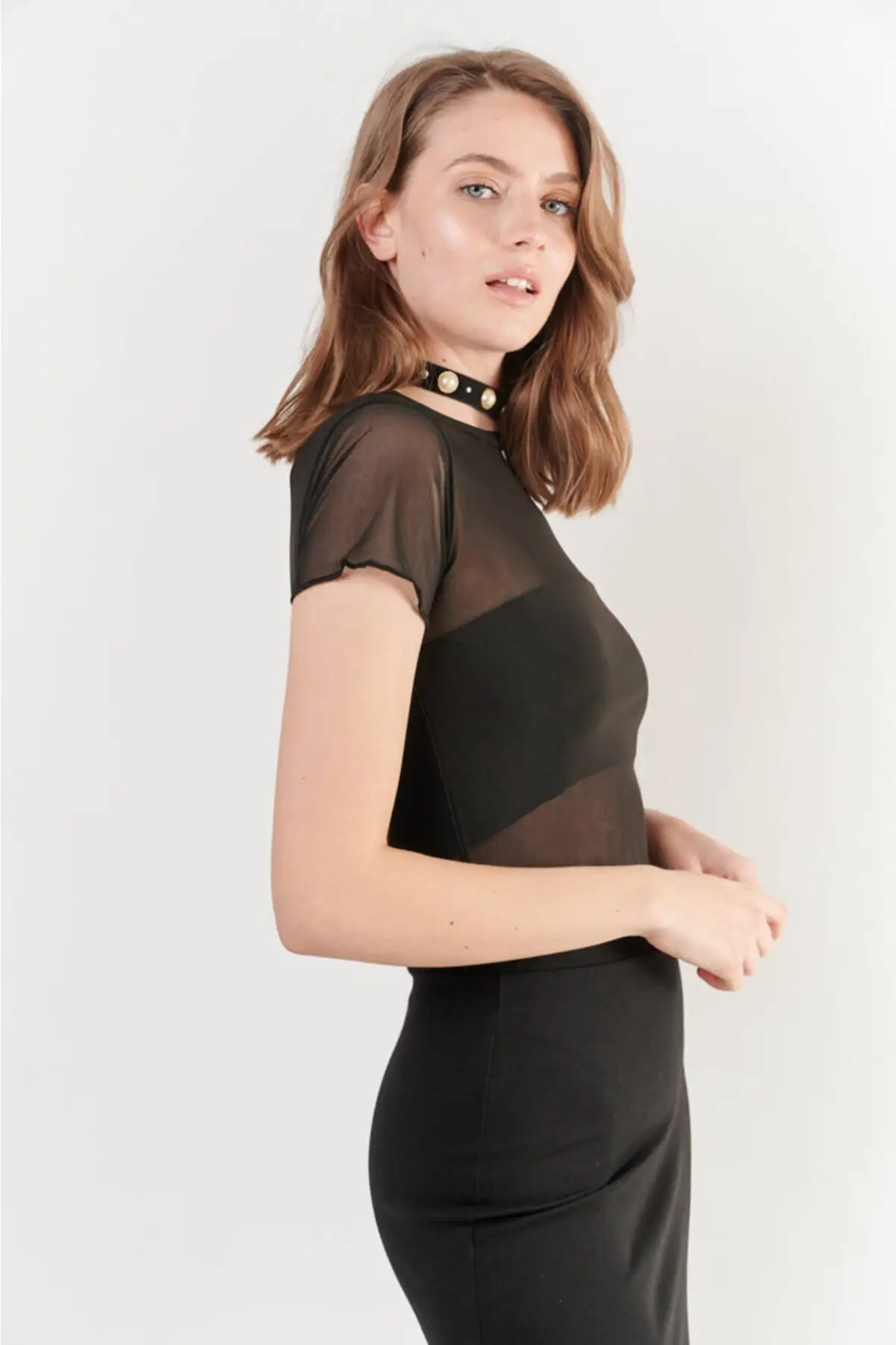 

Women's Black Color Spring Summer 2021 New Season Fashion Short Sleeve Vizkoz Fabric Gauze Blouse
