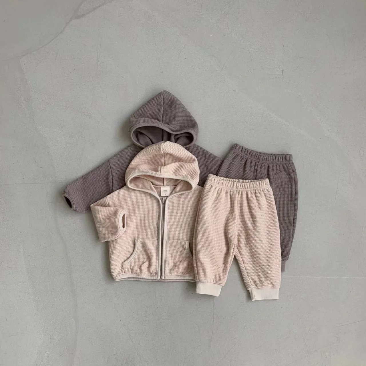

Spring Autumn Toddler Waffle Hooded Coat Suit Girl Boy Baby Cotton Casual Tops + Solid Pants 2pcs Children Pockets Jacket Set