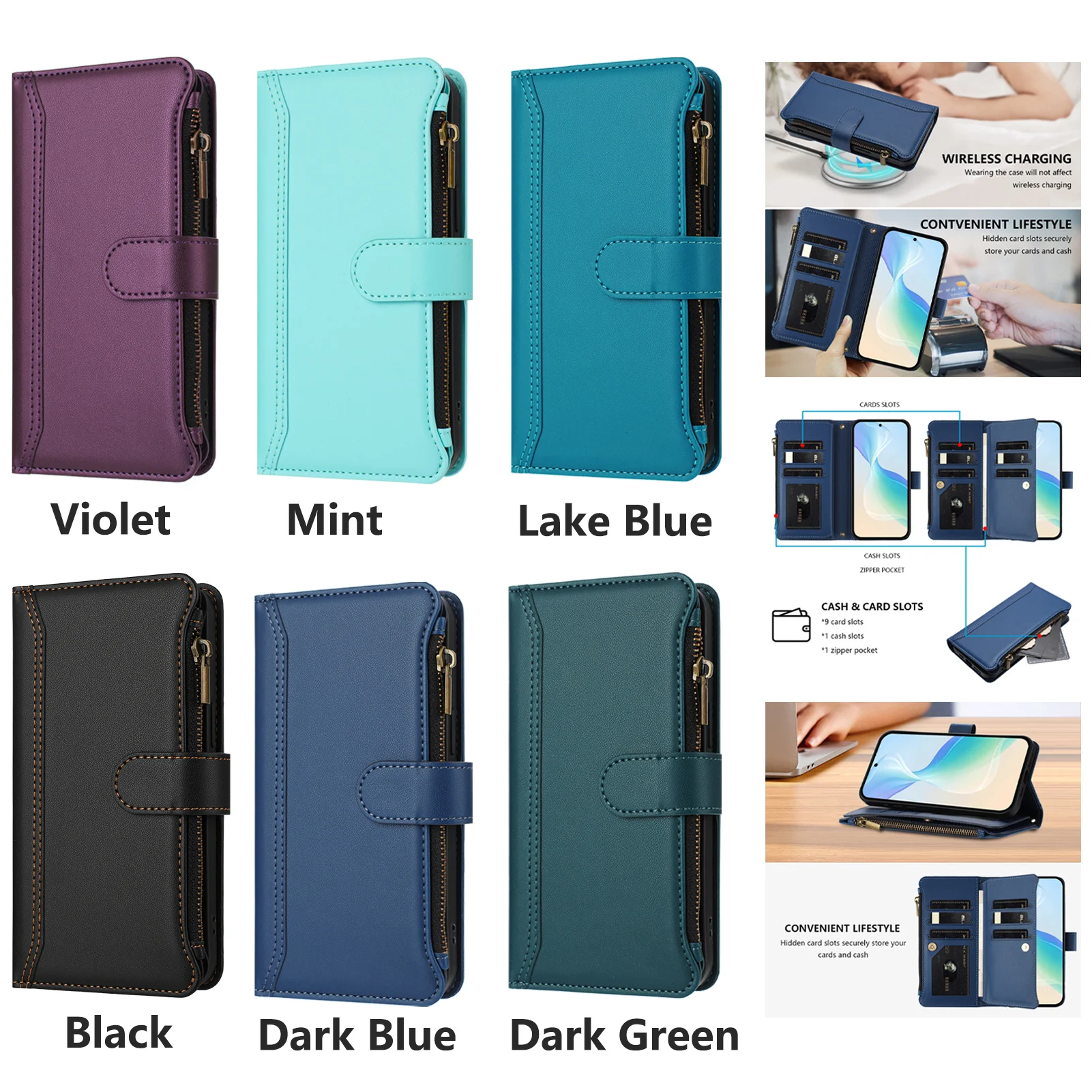 Чехол-книжка с застежкой-молнией через плечо для Google Pixel 9 Pro XL 9A 8 8Pro 8A 7A 7 Карманная сумка для книги Длинный ремешок-подставка (art.: 3920ce6aacaed) - 3920ce6aacaed