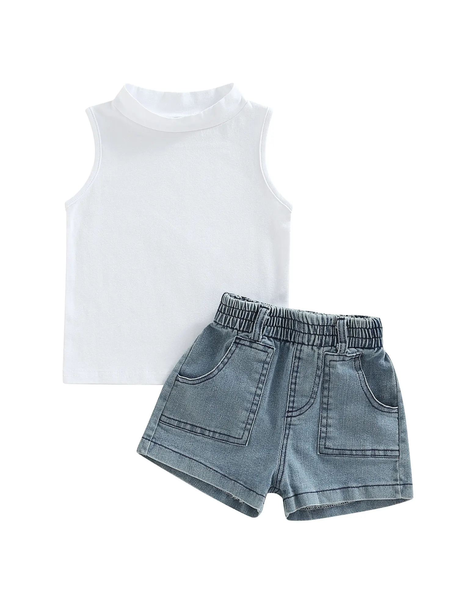 

Летние комплекты одежды для маленьких девочек, однотонные майки без рукавов, джинсовые шорты с карманами для малышей