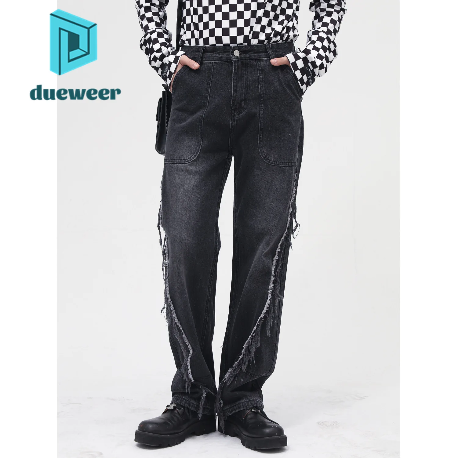 

DUEWEER Men's Patchwork Slim Fit Straight Leg Jeans Distressed Baggy Goth Denim Pants Hip Hop Black Frayed Trousers Streetwear
