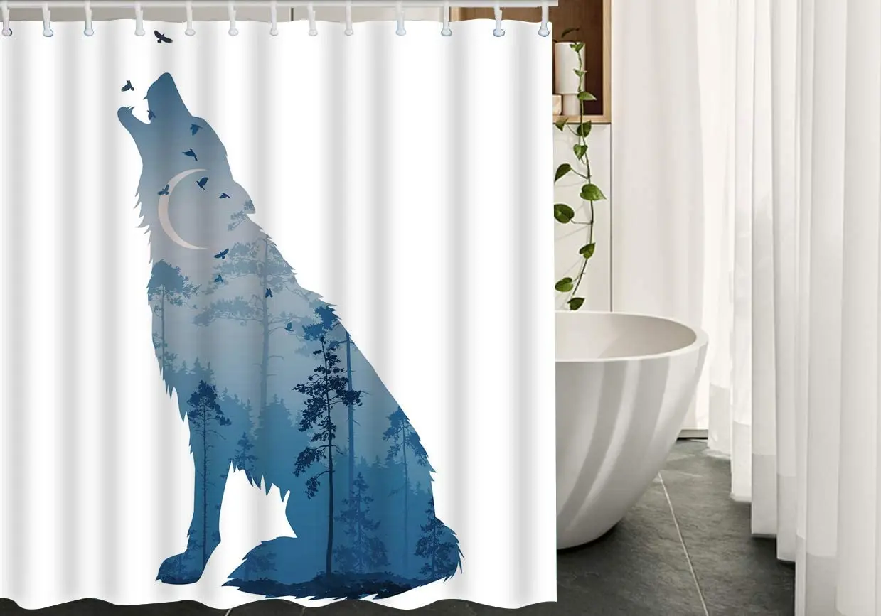 

Занавески для душа с принтом волка, тканевые шторы для ванной с рисунком диких животных, декоративные аксессуары для ванны, крючки для экран...