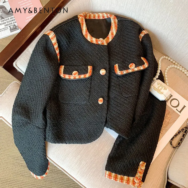 

Elegant Contrast Color Short Coat for Women Autumn New Niche Design Fashionable Elegant Single Breasted Coat Top for Ladies