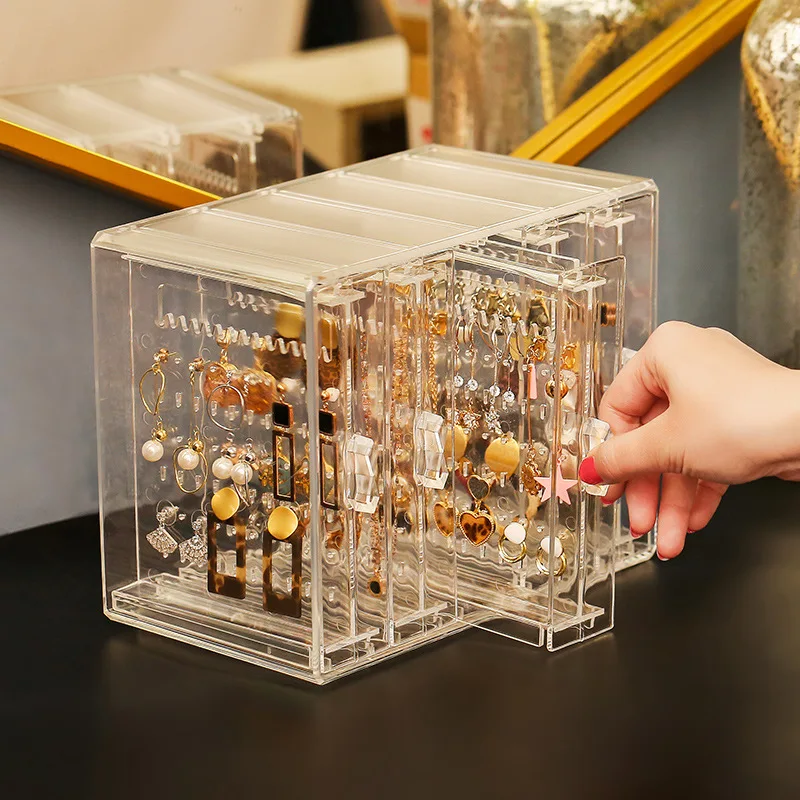 

Jewelry Storage Box Portable Earring Ring Display Shelf Dustproof Transparent Acrylic Cosmetic Necklace Bracelet Organizer Case