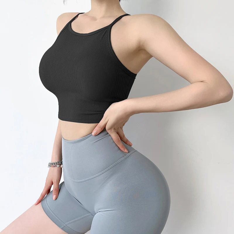 MITAOGIRL Spaghetti Straps Ribbed Yoga Vest with Chest Pad Shockproof Sports Vest for Women Tank Top Gym Fitness Vest Summer