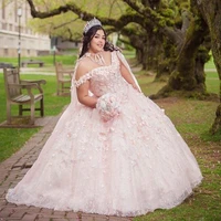 pink plus size quinceanera dresses with cape 2022 sequins beads 3d flowers backless princess sweet 16 gown vestidos de 15 a%c3%b1os