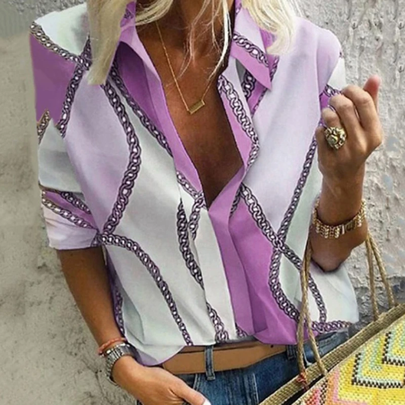 

Chain Pattern Shirt For Women Spring Autumn Tops Long Sleeve Casual Shirts Turn-down Collar Printed Blouses Chemise Femme