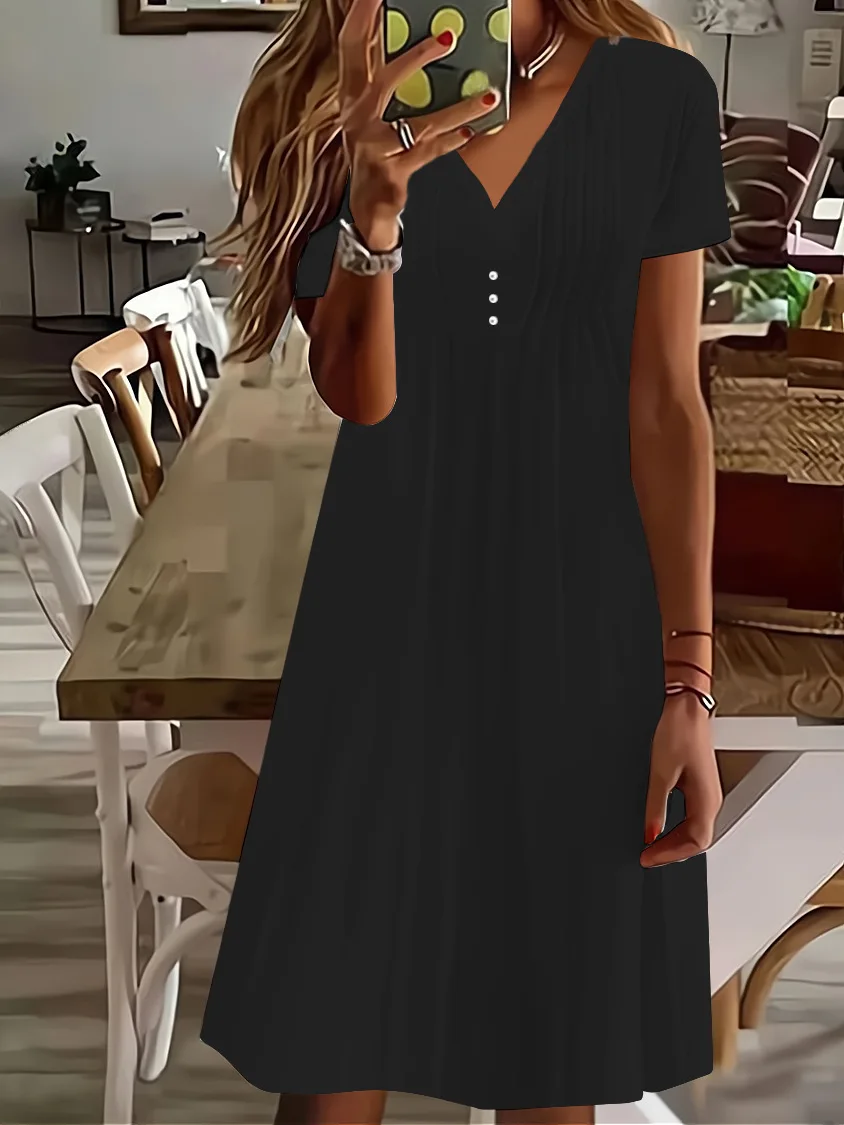 

2023Summer New European American Fashion V-neck Casual Vertical Pleated Button Solid Color Short Sleeve Elegant Sexy Women Dress