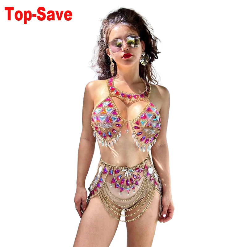 

Casual Accessories Womens 2 Piece Outfit Set Sexy Acrylic Bra Diamond Ladies Matching Sets Crystal Pendant Beach Body Chain 2024