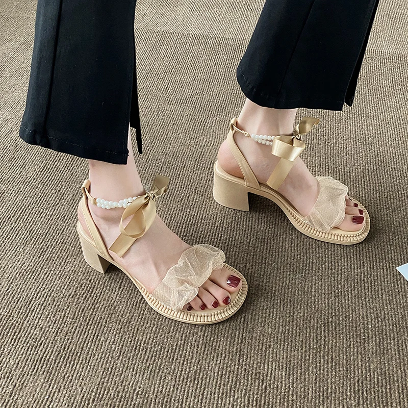 

Женские босоножки в стиле ретро, бежевые босоножки на среднем каблуке, туфли с перекрестной шнуровкой и бантом, оригинальная удобная обувь ...