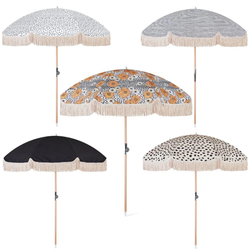 

compact lightweight retro white beach umbrellas with good fringe, striped red blue pink yellow black orange green beige colorful