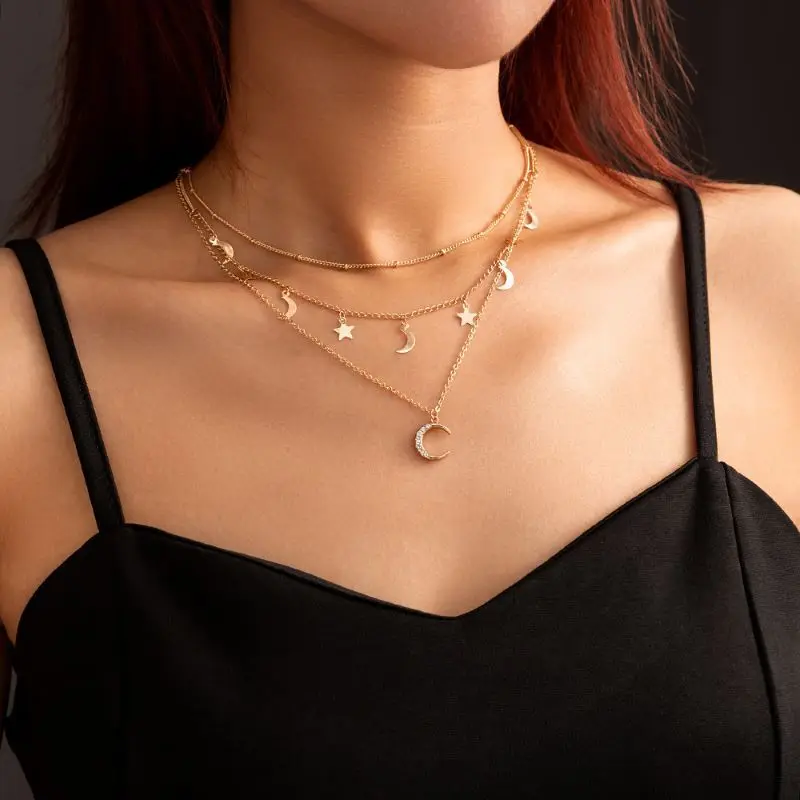 

New Vintage Personality Multi Layered Star Moon Diamond Pendant Necklace For Women Korean Fashion Necklaces Jewelry Gifts