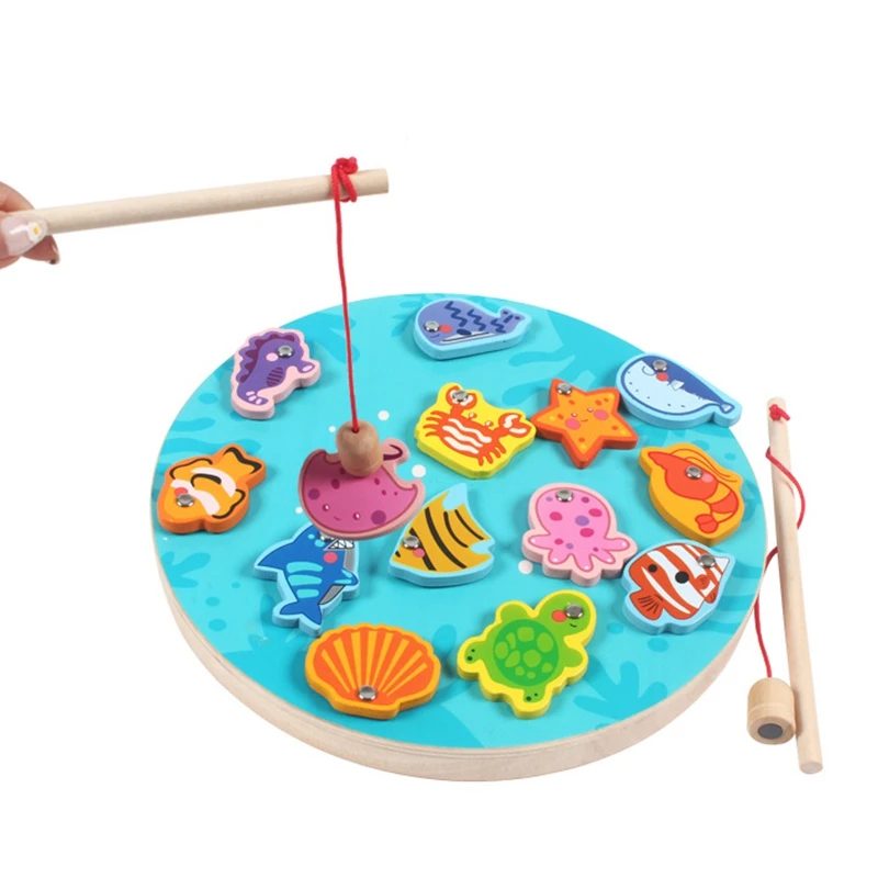 

Children's Wooden Magnetic Fishing Toy Kitten Fishing Game Wood Fishing Educational Games For Kids Gift