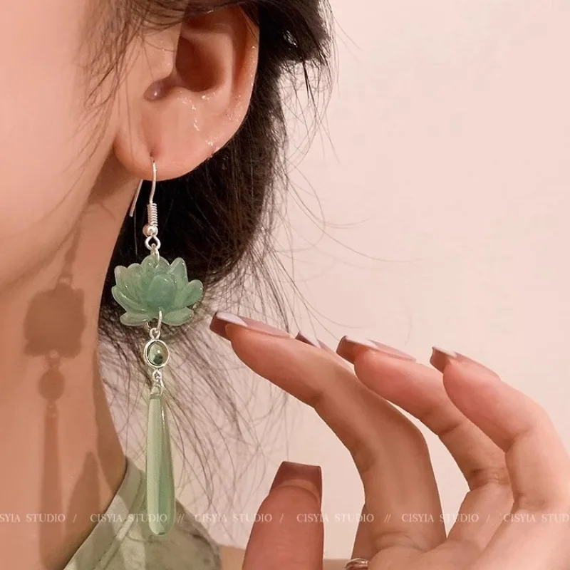 2024 стеклянные серьги в китайском стиле светло-зеленые розовые с цветком лотоса