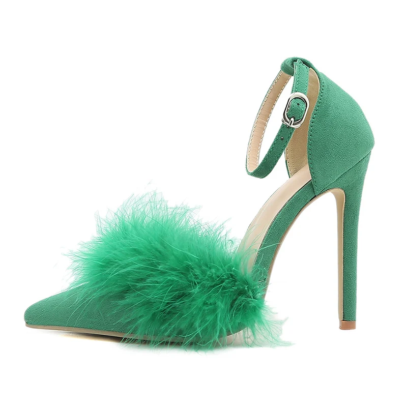 ZOOKERLIN Pointed Peep Toe Feather Buckle Women Sandals Summer Fashion Solid Color Dress Shoes Stiletto High Heels Ladies Shoes