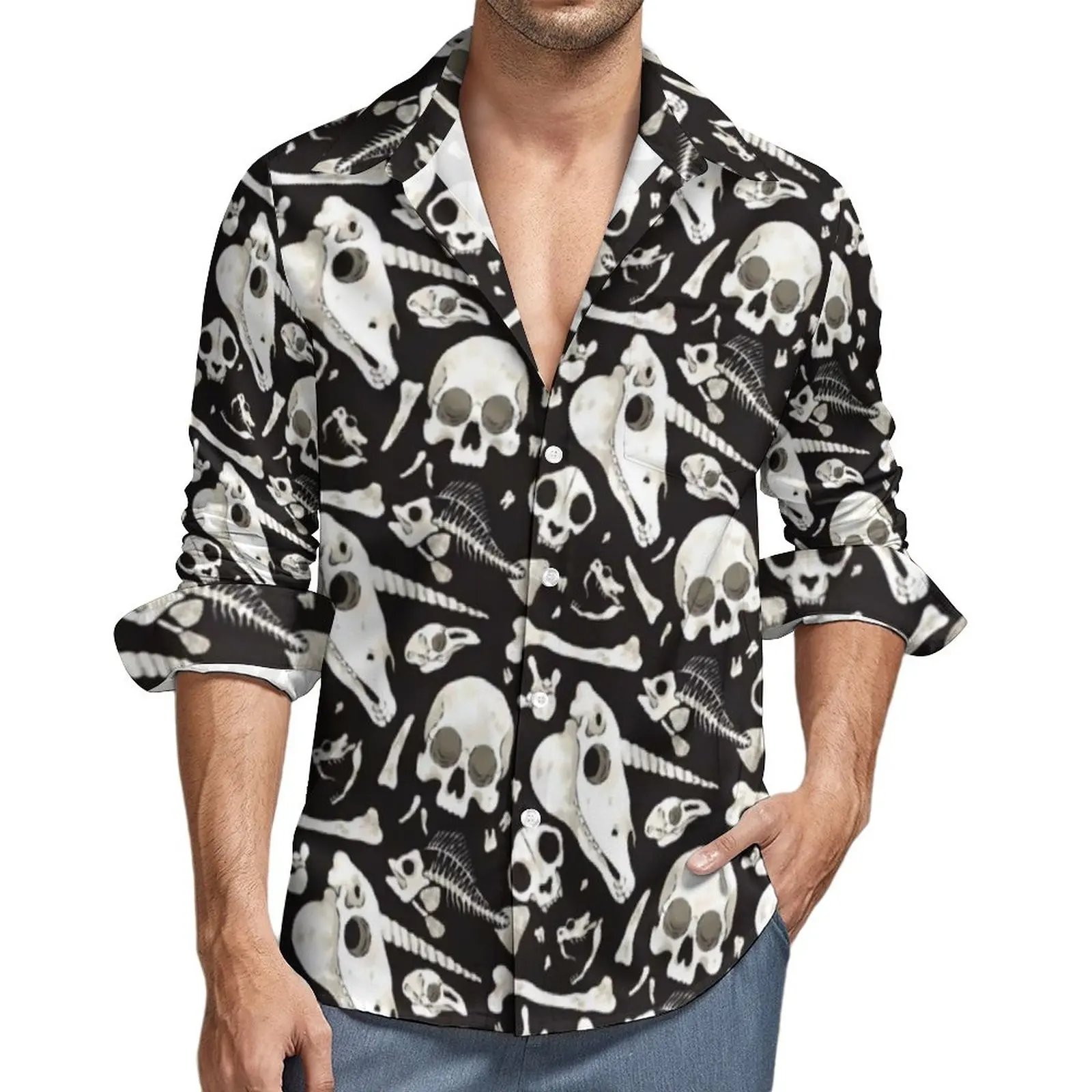 

Black Skulls And Bones Wunderkammer Streetwear Casual Shirt Man Creepy Shirt Fashion Blouses Long Sleeve Graphic Oversized Top