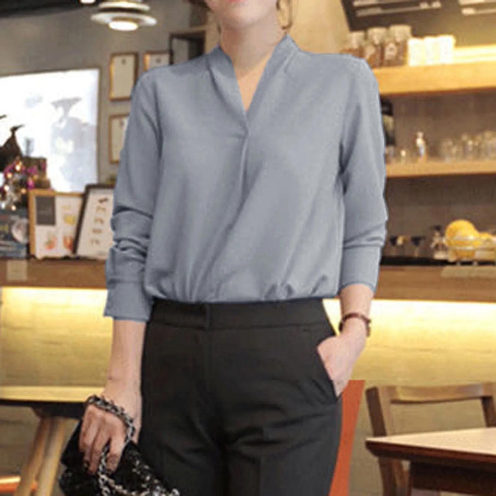 

Lady Fashion Women Top Color Long Sleeve V-Neck Casual Shirt Blouse Fitted Tops Women Long Sleeve Light Shirt