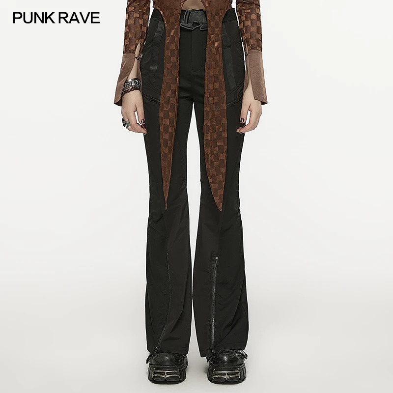 PUNK RAVE Women's Gothic Daily Splicing Flared Cargo Pants Punk  Personalized Trousers Complimentary Techwear Style Belt