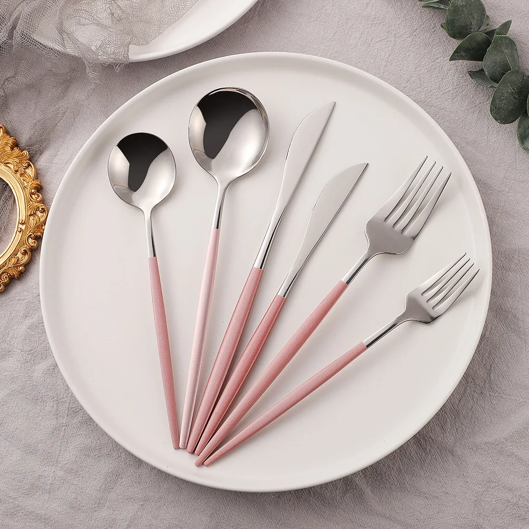 

6Pcs Pink Silver Cutlery Set Stainless Steel Dinnerware Fork Knife Spoon Flatware Set Kitchen Complete Dinner Tableware Set