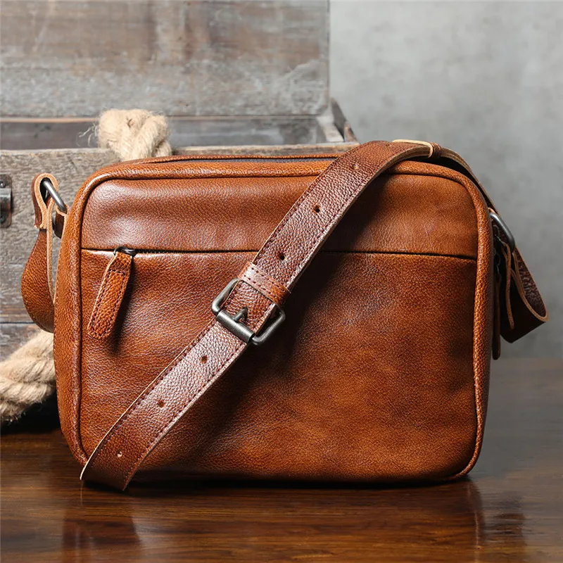 Vintage fashion high quality natural genuine leather men shoulder bag outdoor casual organizer real cowhide teen crossbody bag