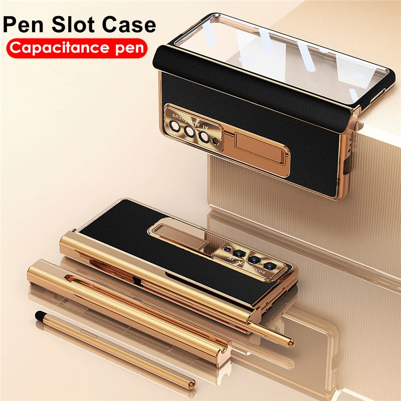 

Leather Hidden Pen Slot Hinge Case For Samsung Galaxy Z Fold 4 5G Phone Cover Plating With Capacitance Pen Hard Front Glass Case