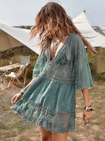 deep v neck boho beach outing sheer sexy lace tunic pareo swimwear summer vintage short dress holiday cover up 2022