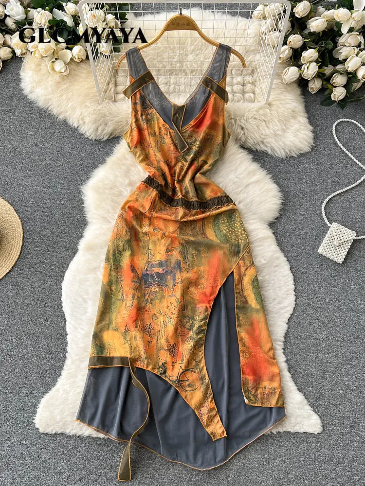 

GLCMYAYA Vintage Women Printed Sleeveless Tank Mesh Patchwork Irregular A-line Dress 2023 INS Female Fashion Street Dresses