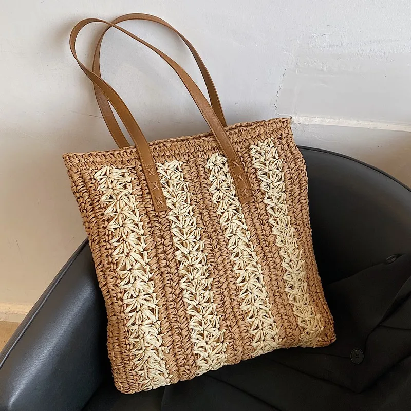 

Женская плетеная сумка для отдыха, пляжная сумка контрастных цветов, вместительная сумка для отдыха на лето, 2022