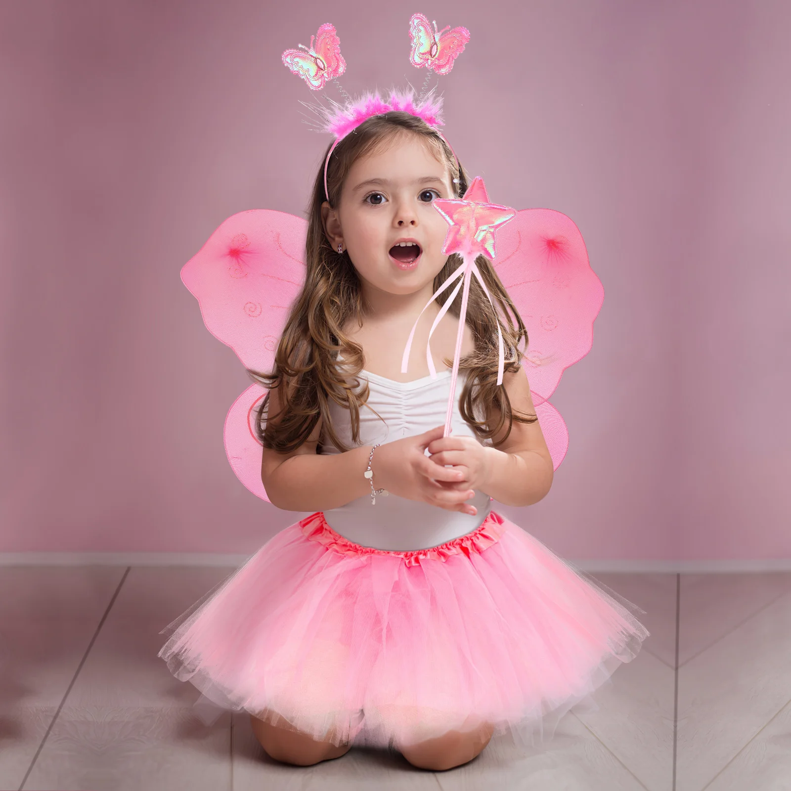 

Butterfly Wings Four Piece Set Girl's Fairy Accessories Clothing Wand Costume Fabric Gauze Tutu Skirt Headband Clothes Mesh