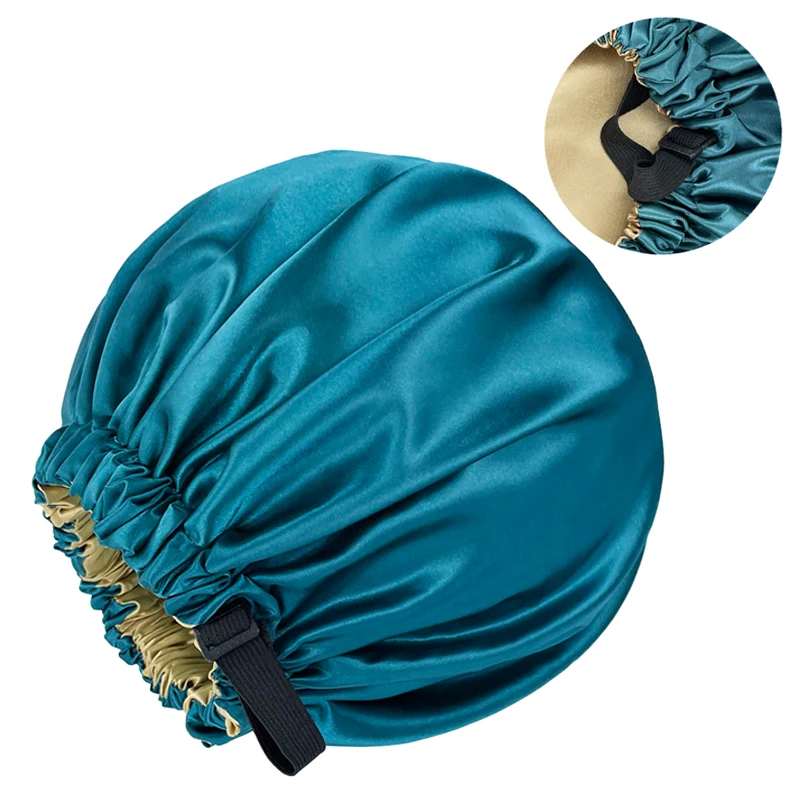 

Wholesale Silky Satin Bonnet Hair Cap Double Layer Sleep Night Cap with Invisible Flat Adjusting Button Head Cover Bonnet Hat
