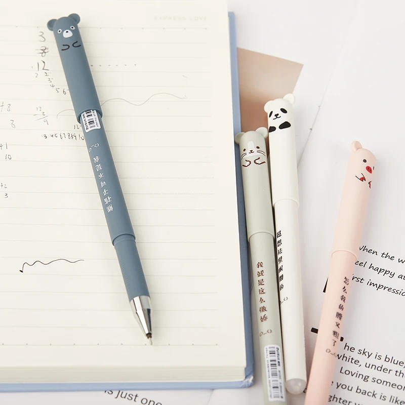 

4pcs Cartoon Animals Erasable Pen 0.35mm Refill Rods Cute Panda Cat Pens Kawaii Ballpoint Pen for School Writing Washable Handle