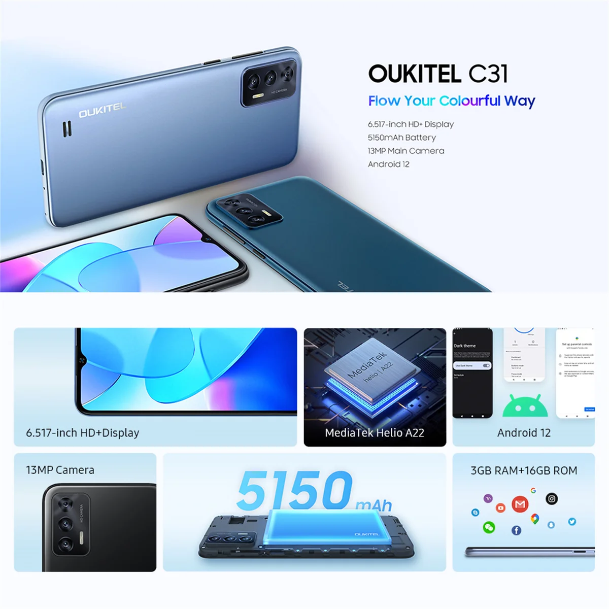 Oukitel Cheap New Smartphones Unlocked Android 12 Cellphone 3GB+16GB 5150mAh 13MP Triple Rear Camera 6.517'' HD+ Mobile Phone