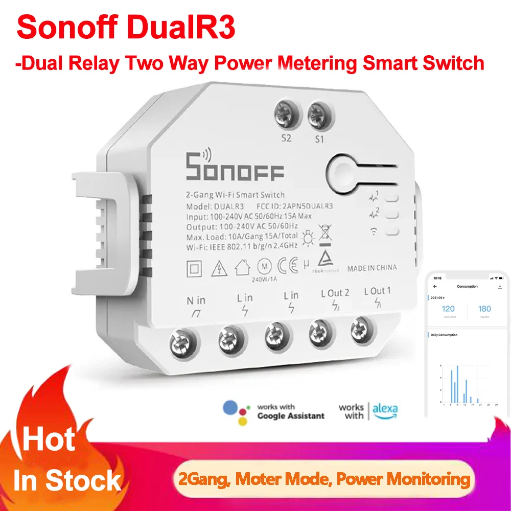 Sonoff Dual R3 Dual Relay Wifi умный переключатель с двухсторонним управлением, измеритель мощности, рулонные затенения, электродвигатель для штор, жалюзи, переключатель