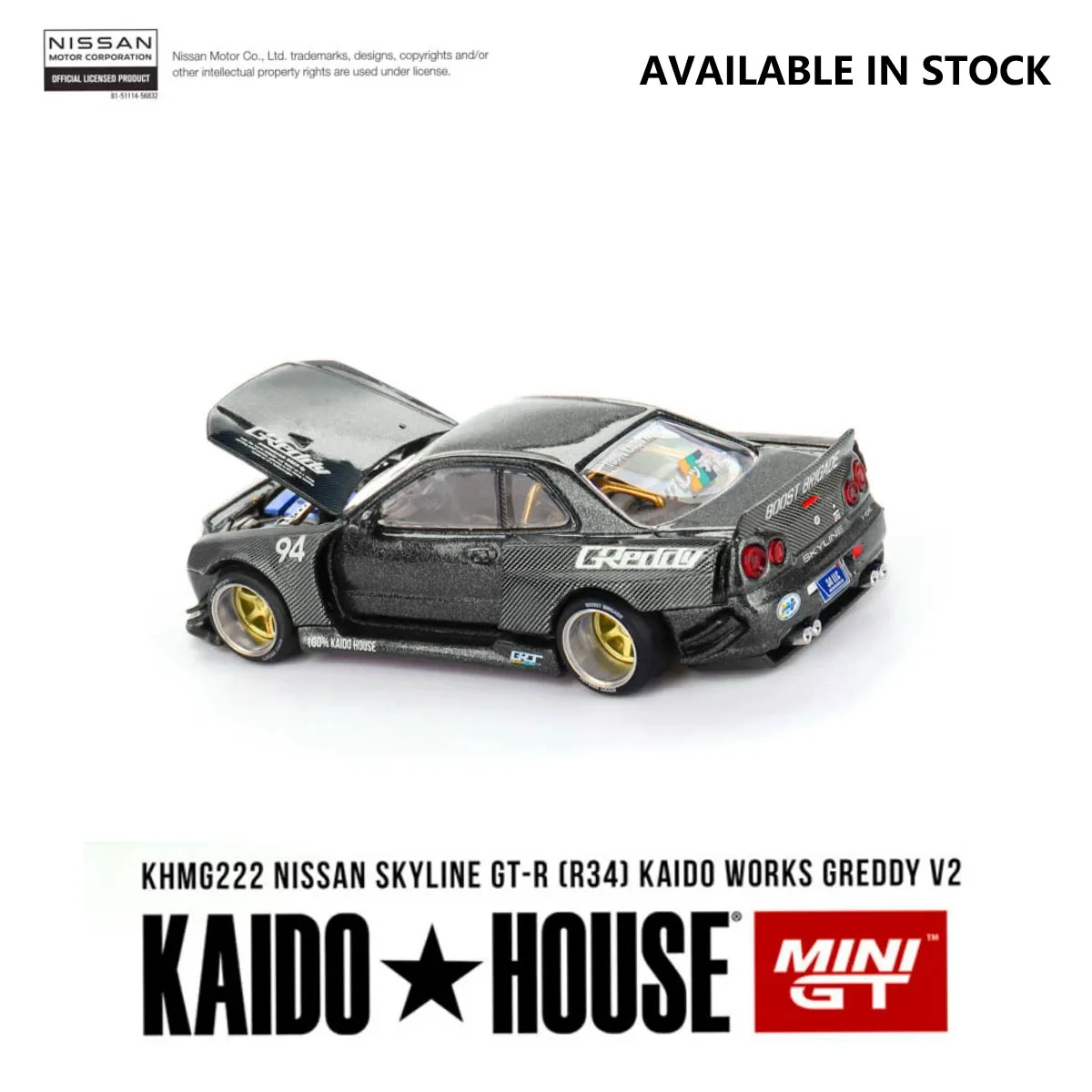 Фото Миниатюрная модель автомобиля Mini GT x Kaido House 1:64 Nissan Skyline GT-R R34 Kaido Works Greddy V2 из полностью карбонового сплава # KHMG222 В наличии №3