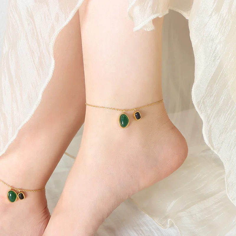 

Green Agate Gold Plated Titanium Steel Anklets For Women Romantic Charm Foot Jewelry Accessories