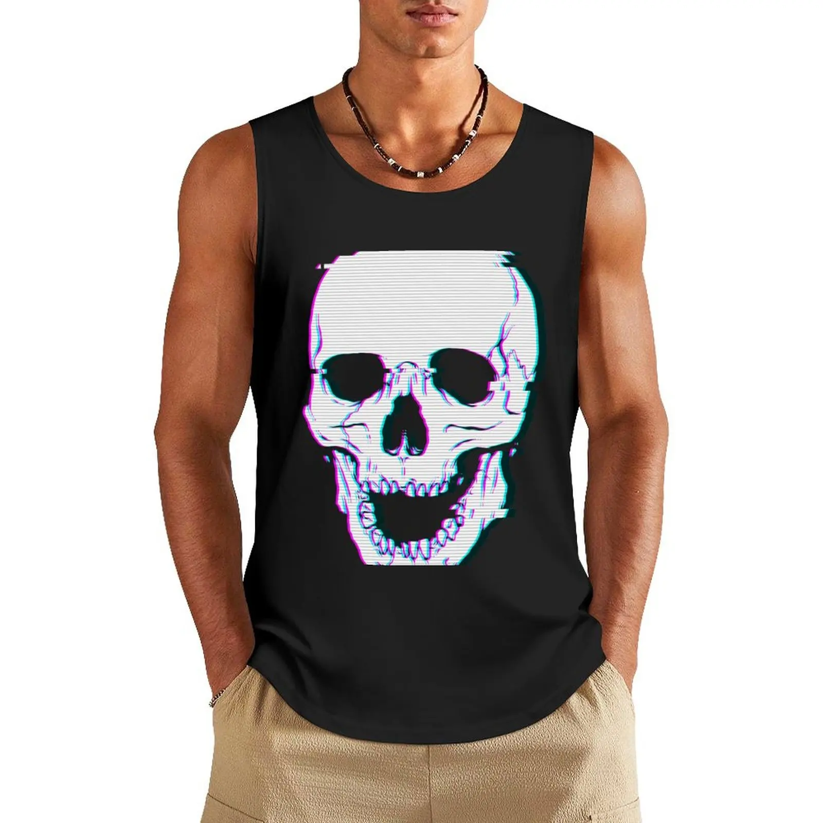 Мужская футболка для фитнеса Glitch череп на бак Top мужской жилет спортзала