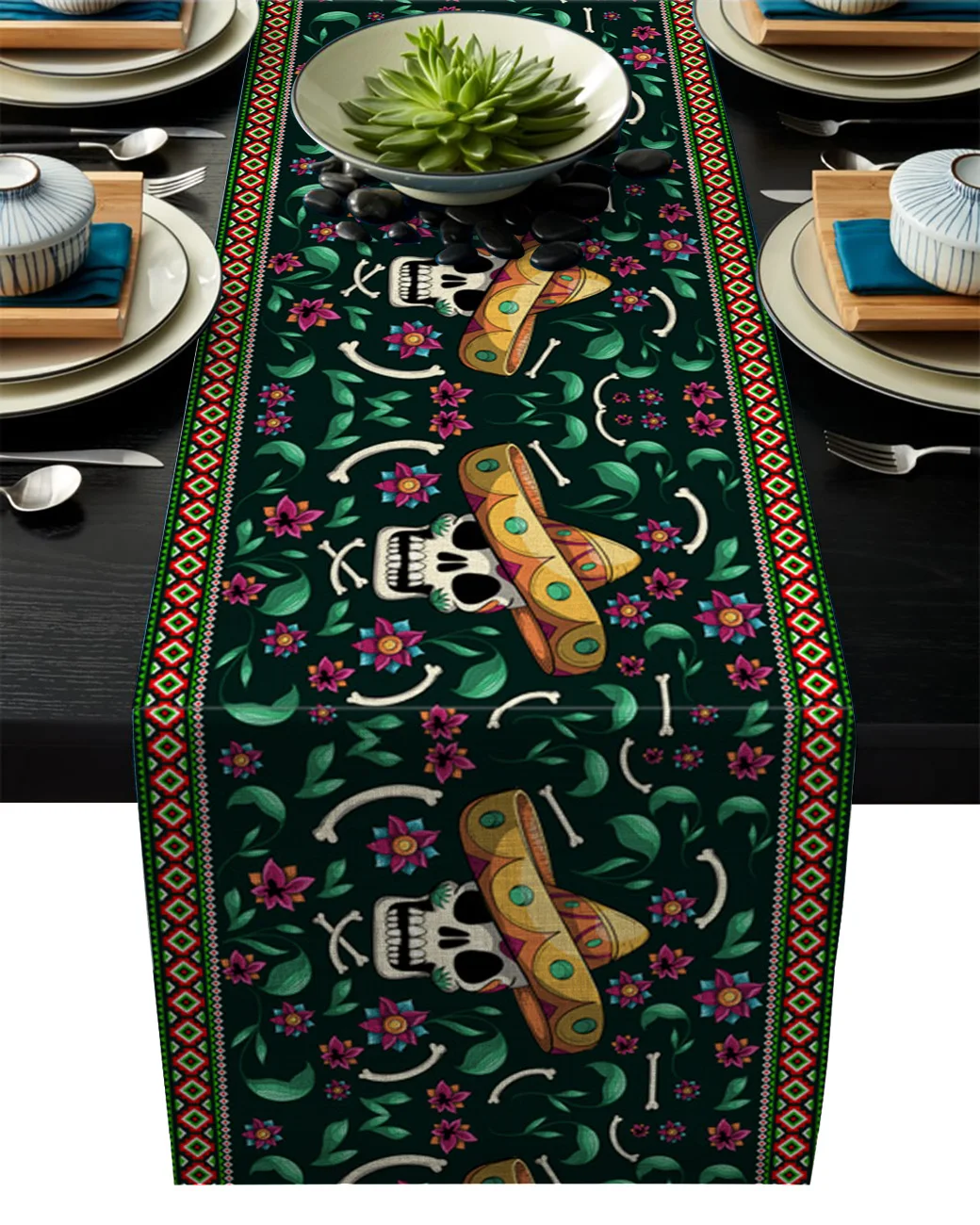 

Linen Burlap Table Runner Mexican Skull Straw Hat Kitchen Table Runners for Dinner Holiday Party Wedding Events Decor