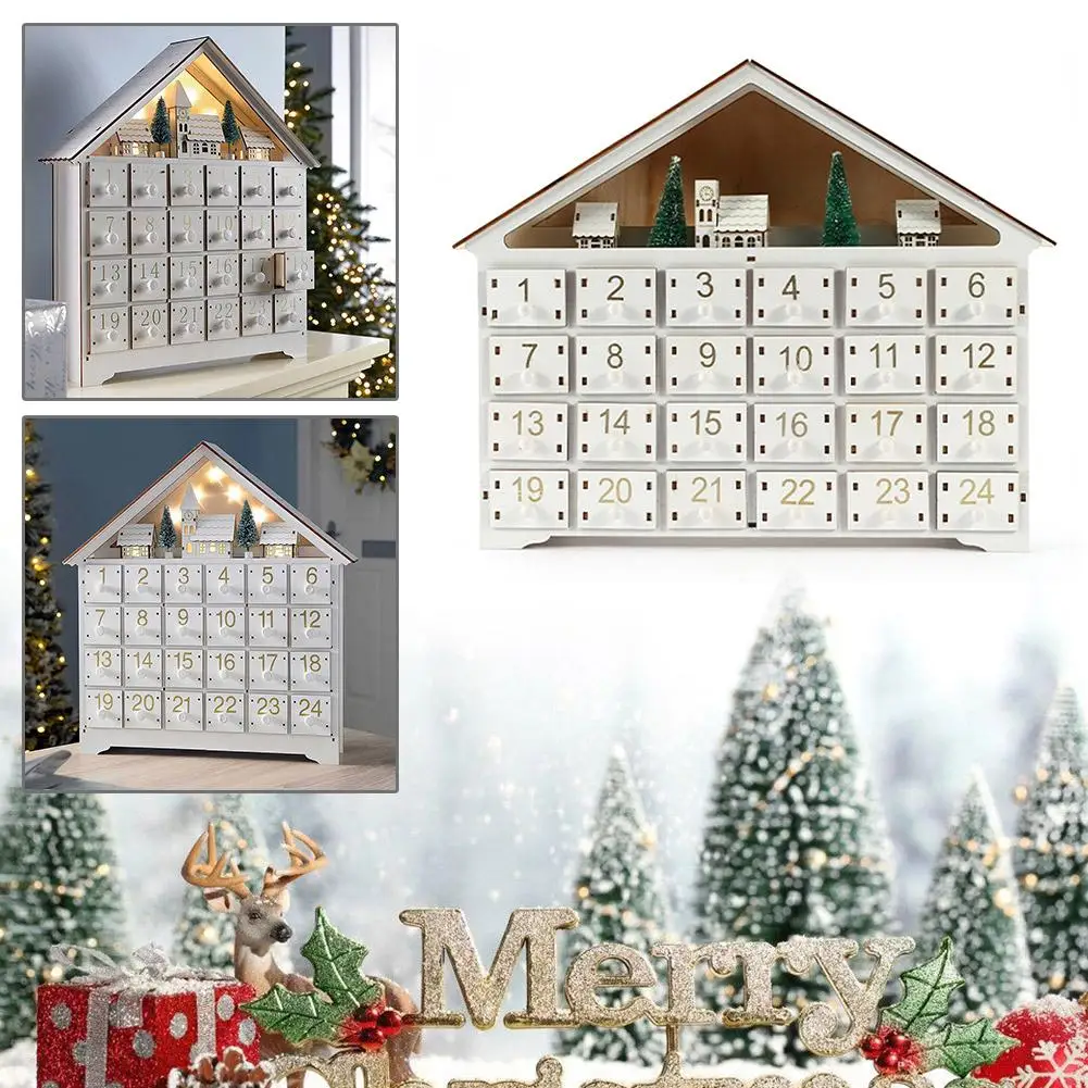 

White Wooden Christmas 24 Days Countdown Calendar With Gift 24 Party Xmas Home Ornaments Storage Light Decoration LED Drawe E8I4