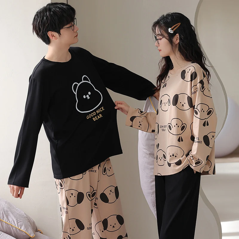 Пижамные комплекты для пар милая мультяшная одежда отдыха из 100% хлопка с длинным