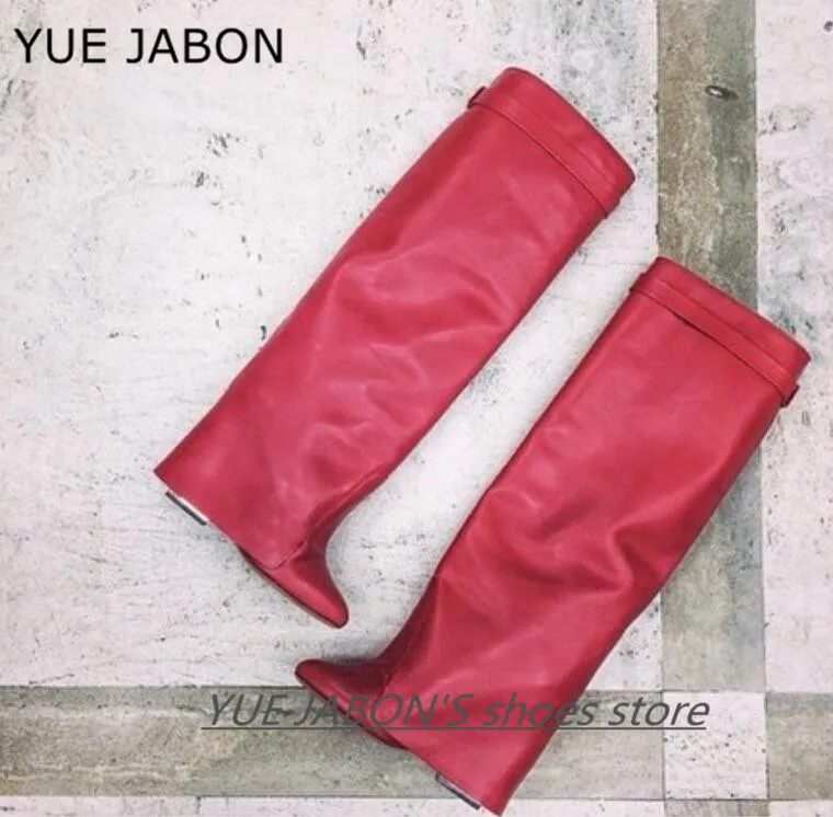 New Silver Shark Lock Women Boots Genuine Leather Knee High Ladies Pointed Toe Fold Heel Wedge Shoes Botas Mujer 2024