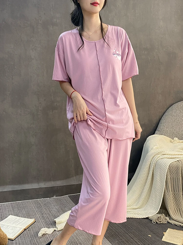 Cropped Pants Summer Women's Pajamas With Chest Pad One Short sleeve Modal Thin Wear-Free Bra Nipple Coverage Homewear