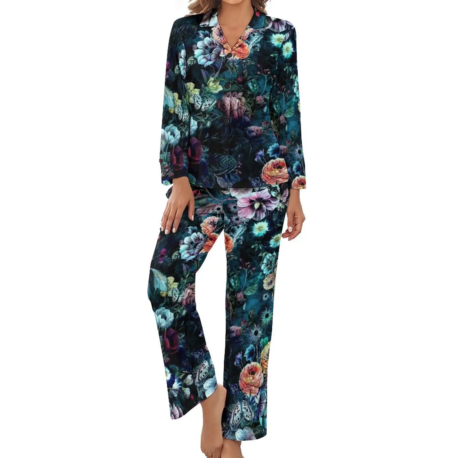 

Floral Pattern Pajamas Night Garden Vintage Casual V Neck Sleepwear Women Two Piece Pattern Long Sleeve Fashion Pajama Set