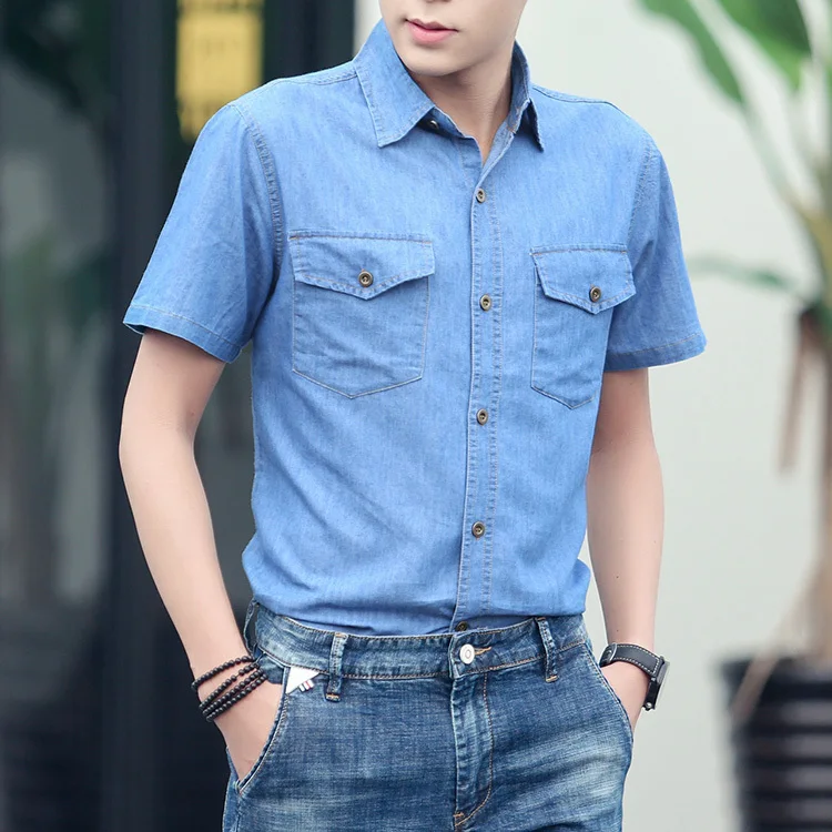 Summer 2021 Thin Casual Denim Shirt For Men Short Sleeve Slim Fit Cotton Dress Shirts High Quality Fashion Men Shirts