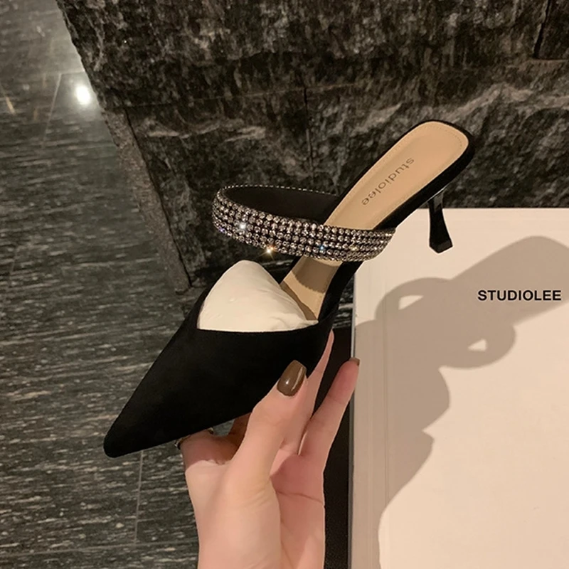 Black High-heeled Shoes Women's 2023 Spring Summer New Women's Shoes Stiletto Pointed Toe Pumps Rhinestone Glitter Mules Pumps