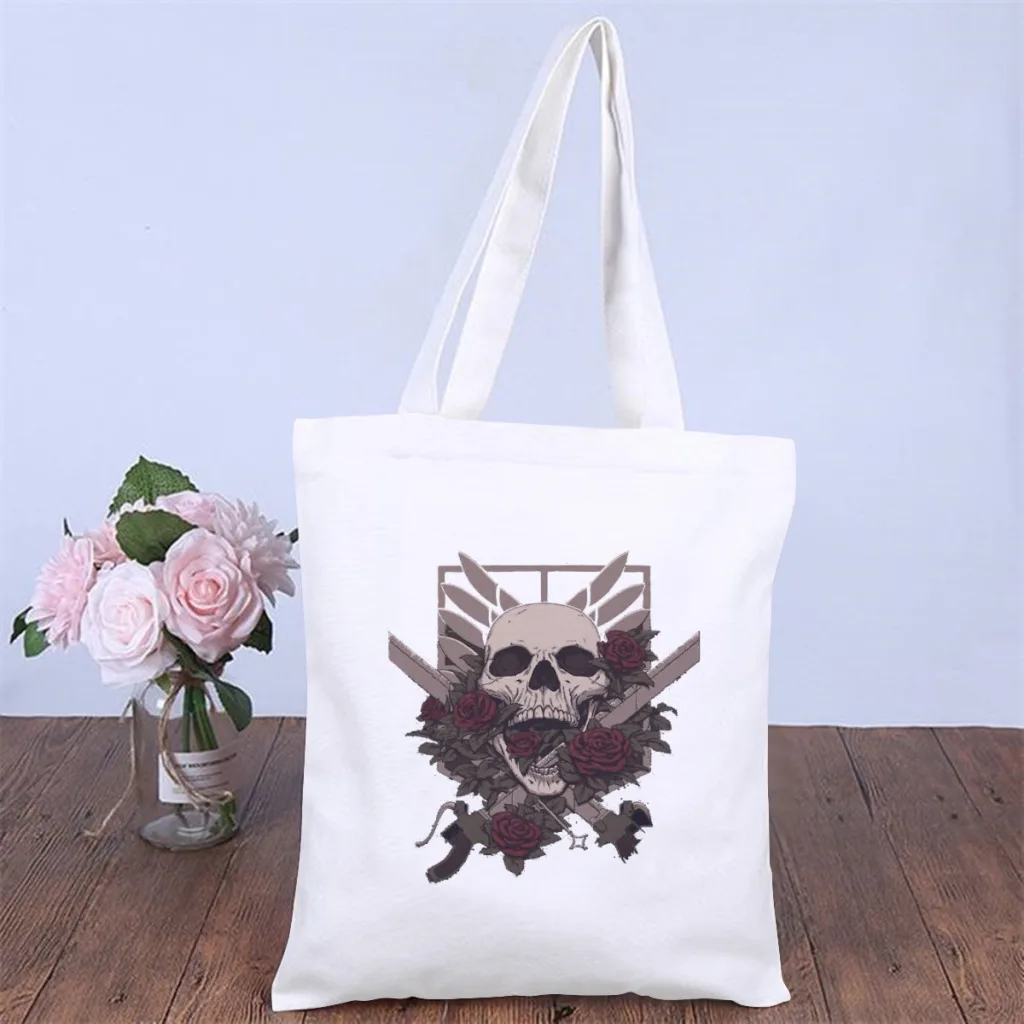 

Skull With FlowersHandbag Attack On Titan Shoulder Canva Bag Teen Pocket Double Print Shopper HandBags Kawaii Pouch Tote Bag